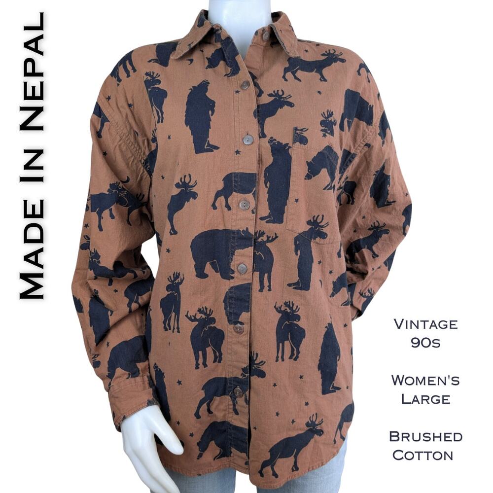 90s Nepal Made Womens Button Bear Moose Shirt Large Brown Black Cotton Cabincore